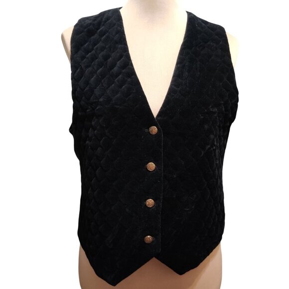 Vintage Talbots M Petite Black Velvet Vest Quilted Front Gold Button Plaid Lined - Picture 1 of 10